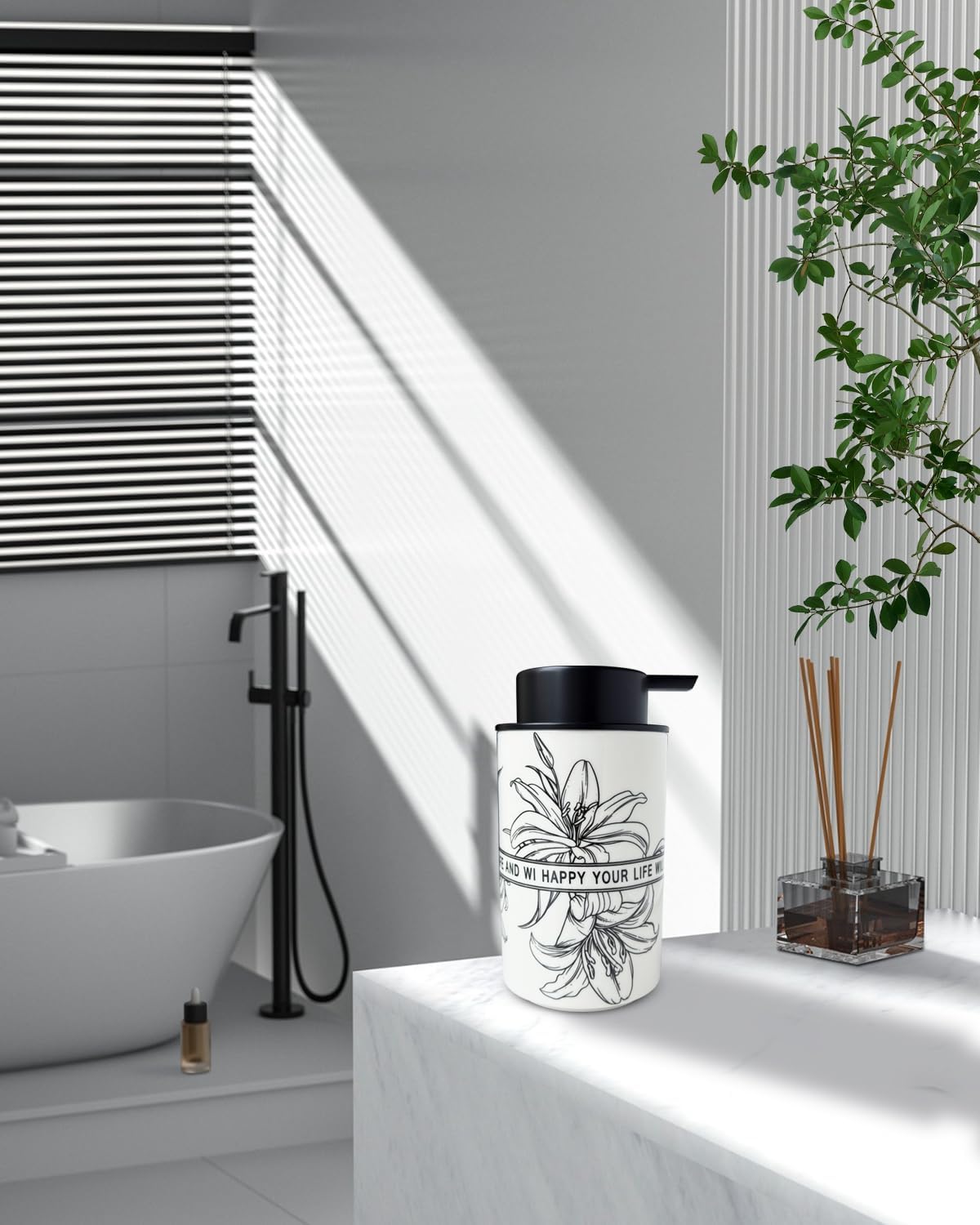 Ceramic White Foam Soap Dispenser for Bathroom & Kitchen,Lily Pattern Hand Sanitizer Bottle,Chic Home Deco (Foam)