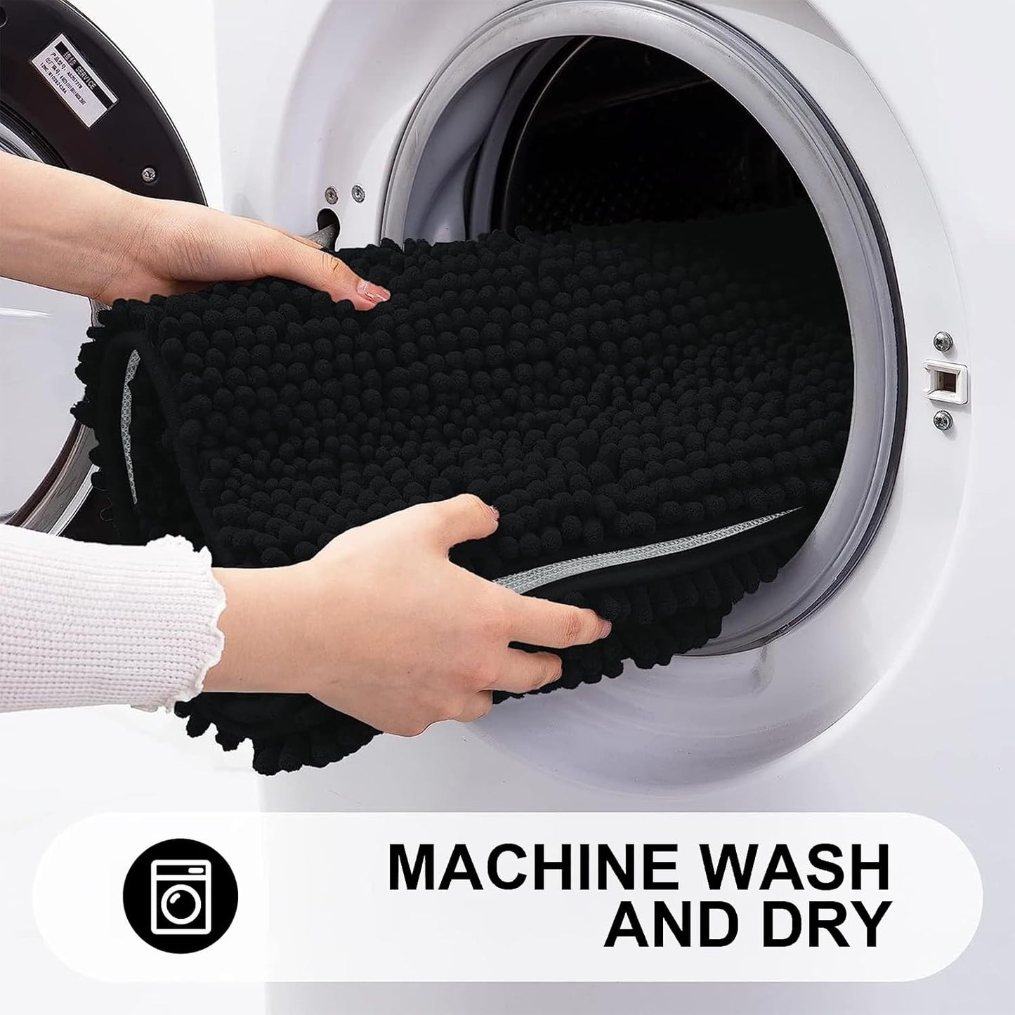 Grandaily Chenille Striped Bathroom Rugs 40x32, Extra Thick and Absorbent Bath Mats, Non-Slip Soft Plush Shaggy Shower Carpet, Machine Wash Dry, Bath Rug for Bathroom, Black