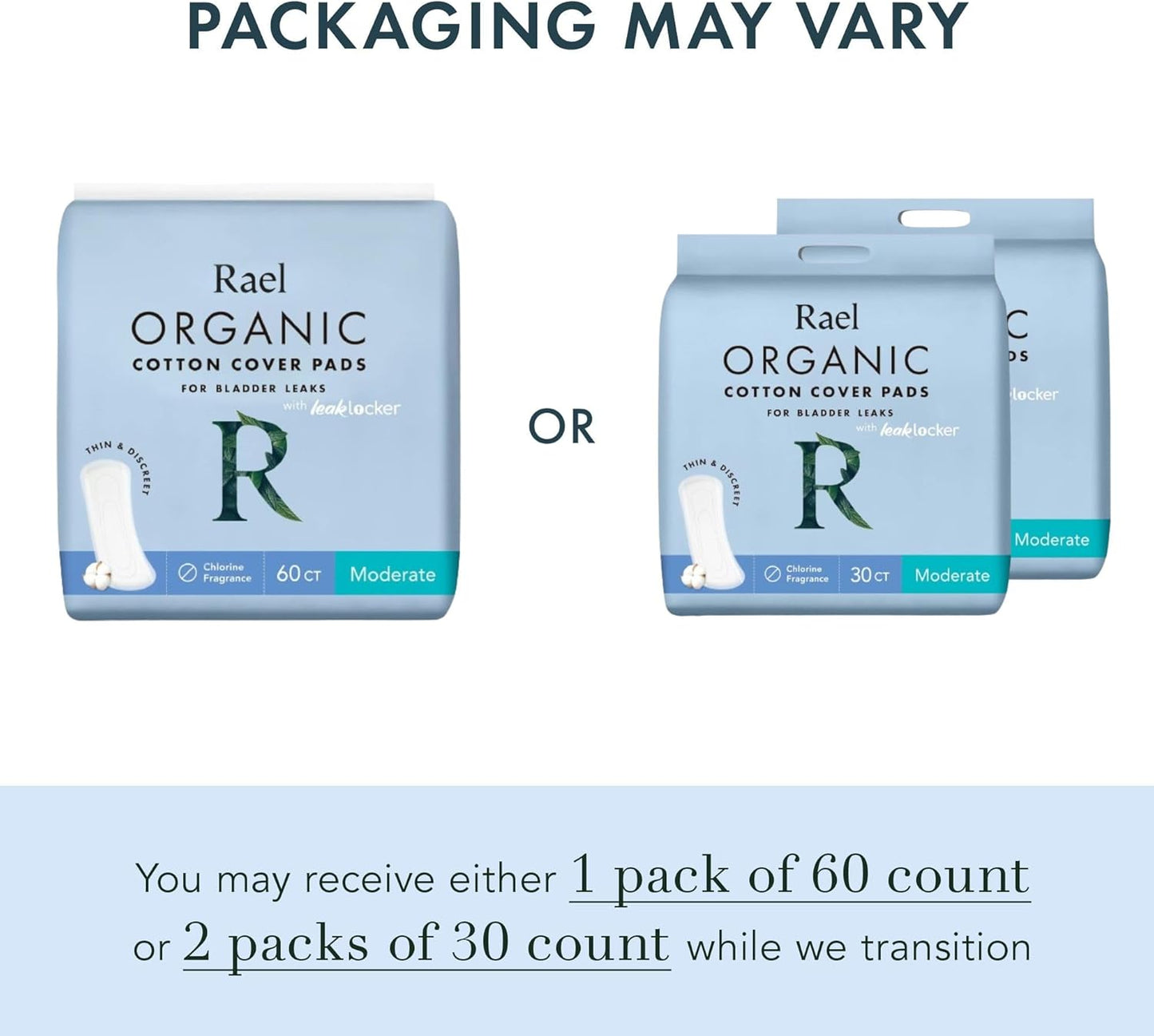 Rael Incontinence Pads for Women, Organic Cotton Cover, Postpartum Essential, Heavy Absorbency, Bladder Control, 4-Layer Core with Leak Guard Technology, Long Length (Moderate, 60 Count)