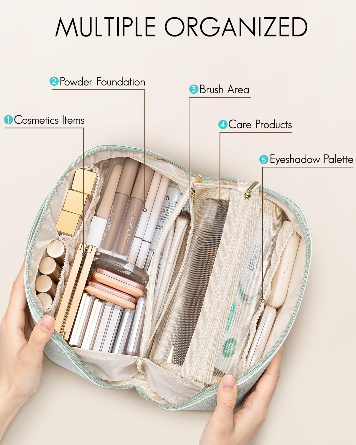 Vlando Makeup Bag,Large Capacity Toiletry Bag for Women Waterproof Portable Make up Pouch PU Leather Open Flat Cosmetic Bag(Mint Green)