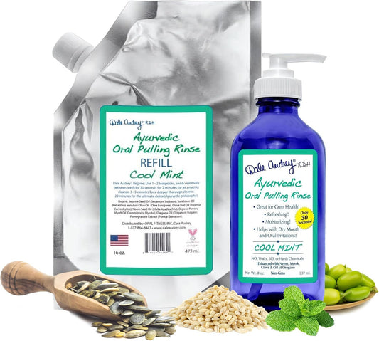 Natural Oil Pulling for Teeth and Gums | Organic Mint Flavored Oral Rinse Mouthwash for Bad Breath | Essential Oil & Teeth Whitening Gum for Freshen Breath | Cobalt Glass Bottle with Refill-16 FL Oz