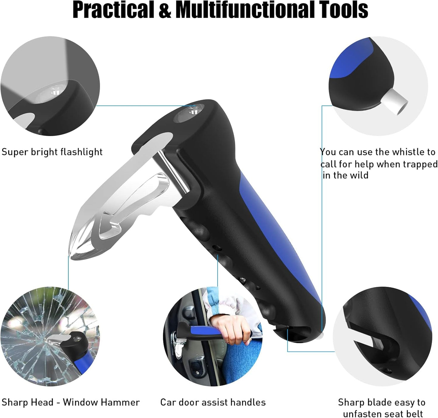 5 in 1 Vehicle Support Handles, Elderly Portable Automotive Door Assist Handles Multifunction Car Handle with LED Flashlight Seatbelt Cutter and Window Breaker for Elderly and Handicapped (Blue)