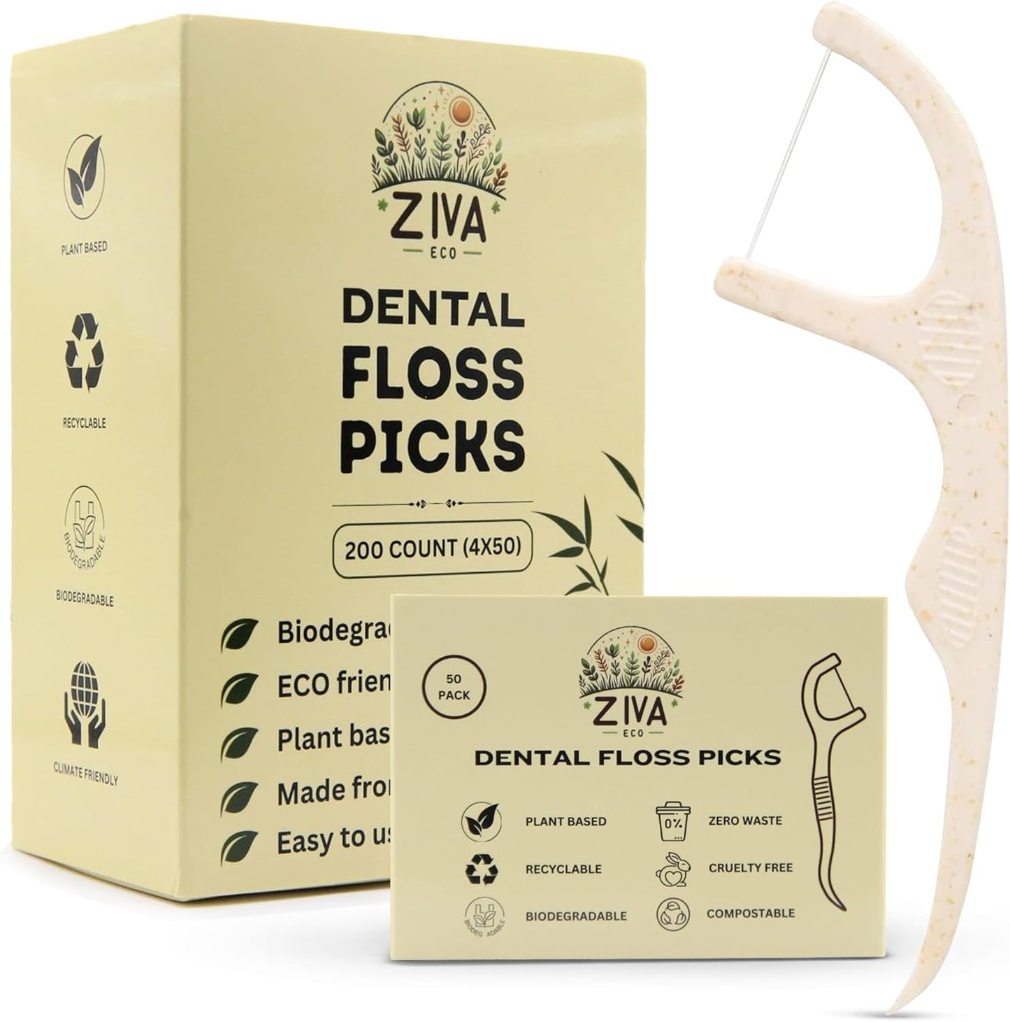 Biodegradable Dental Floss Picks for Teeth, 200 Count, Corn Straw Floss Picks, PFAS Free. Unflavored Flossers, Plant Based, Shred Resistant Floss for Adults & Kids