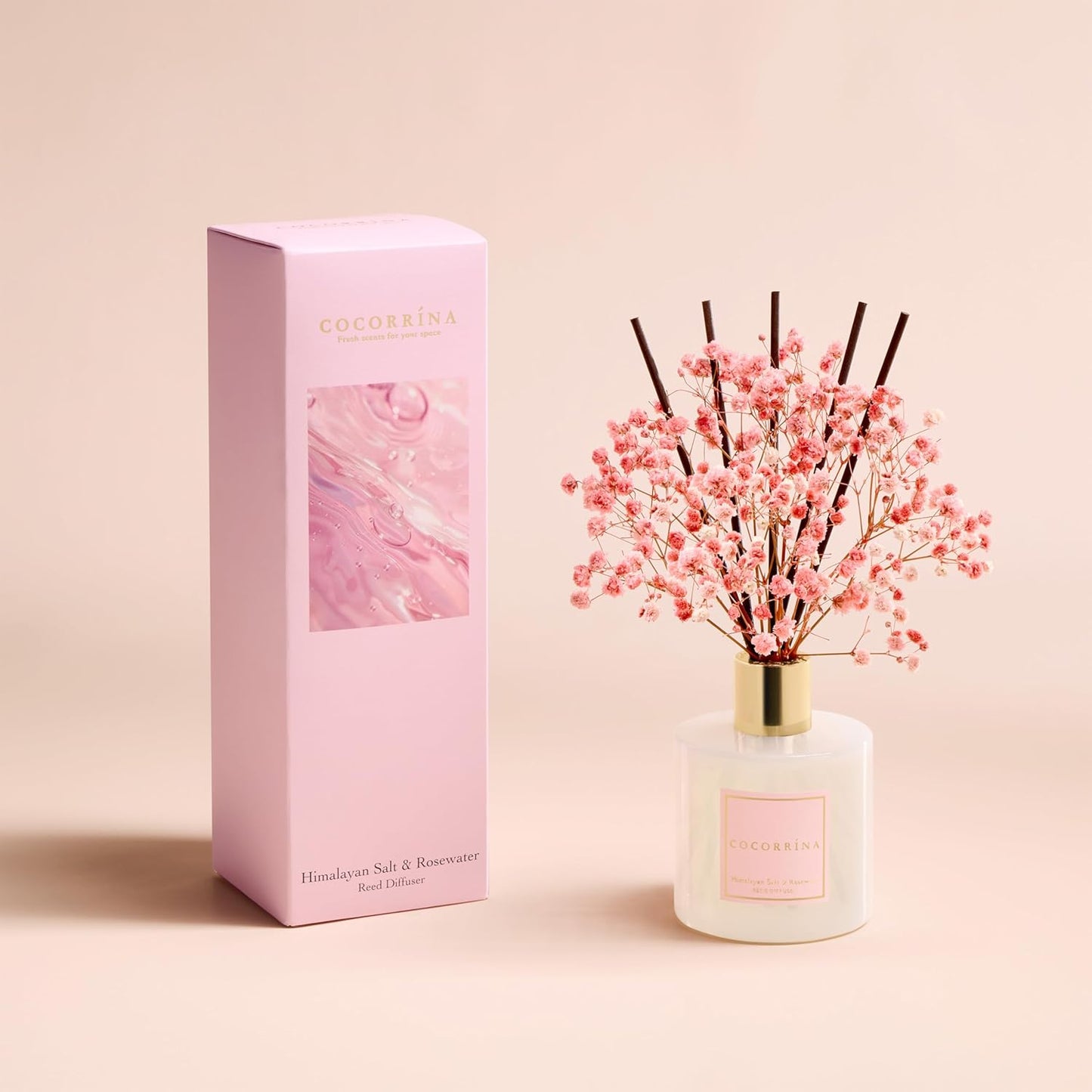 COCORRÍNA Reed Diffuser - Himalayan Salt & Rosewater 6.7 Fl.oz Reed Diffuser Set with Sticks & Preserved Baby's Breath, Reed Diffuser for Home Bathroom Shelf Decor