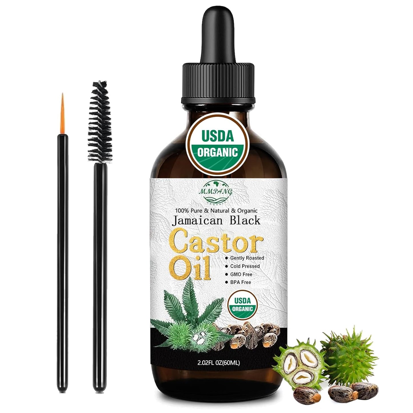USDA Organic Jamaican Black Castor Oil - 100% Pure, Cold Pressed, Hexane-Free & Vegan, 2oz Brown Glass Bottle w/Dropper & Dual Brush for Hair Growth, Thicker Eyelashes, Brows & Scalp Care