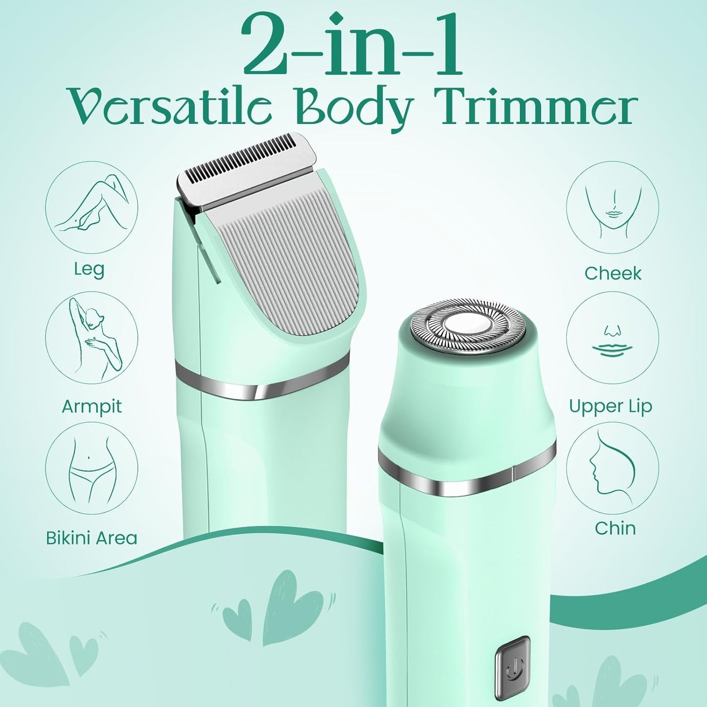 Dermave Bikini Shaver - Dusk Razor with Dual Head Electric Shaver (Body & Facial), IPX7 Waterproof Design, Painless Trimmer for Underarm/Legs/Bikini Line, Fashion Self-Care Gifts for Her (Green)