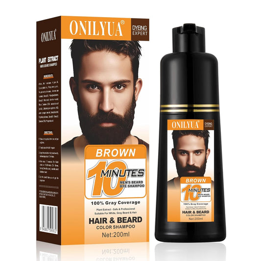 Men's Beard Dye, Brown Beard Dye Shampoo for Gray Hair Coverage, Root Touch Up, 3 in 1 Simpler Hair Color for Men, Long Lasting Hair Dye Shampoo for Beard & Mustache, 200 ml