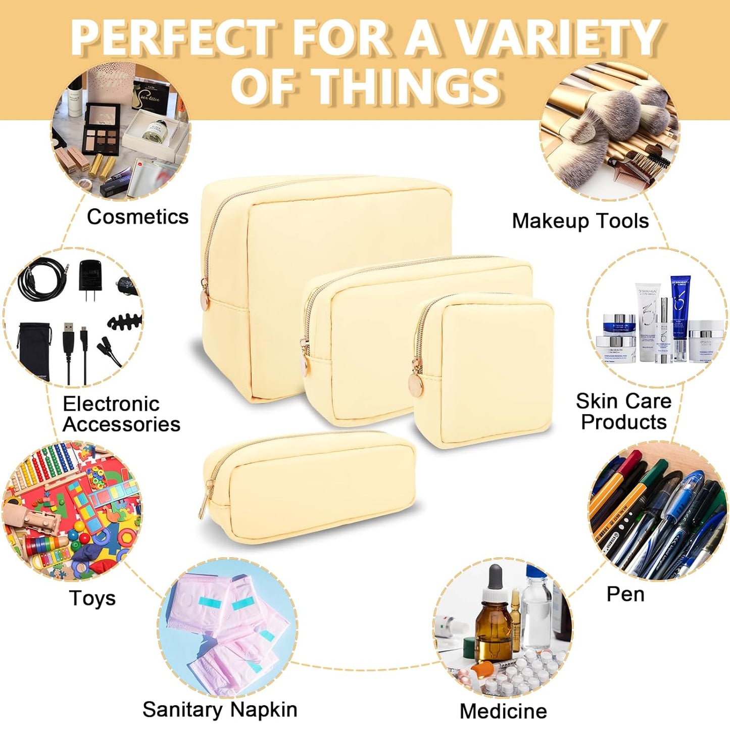 Small Makeup Bag Pouch for Purse, Nylon Travel Toiletry Storage Bag Cute Preppy Cosmetic Bag for Women Girls, Waterproof Makeup Organizer Bag Pouch Skincare Bag Purse with Zipper (Small-Sand)