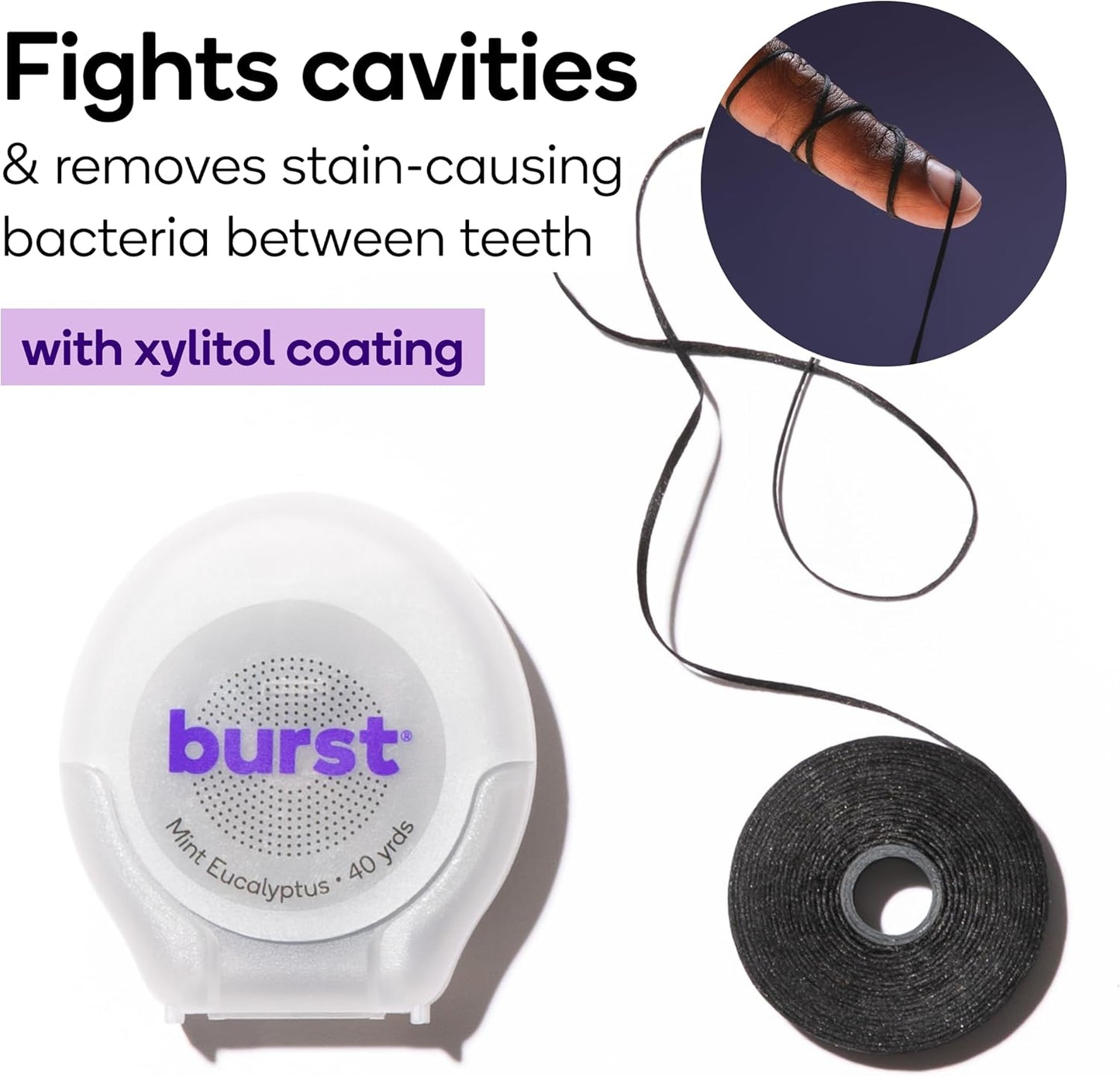BURST Expanding Dental Floss (Mint Eucalyptus/80 Yards) | Stain Absorbing & Woven with Xylitol Coating to Fight Cavities | Vegan | Paraben Free
