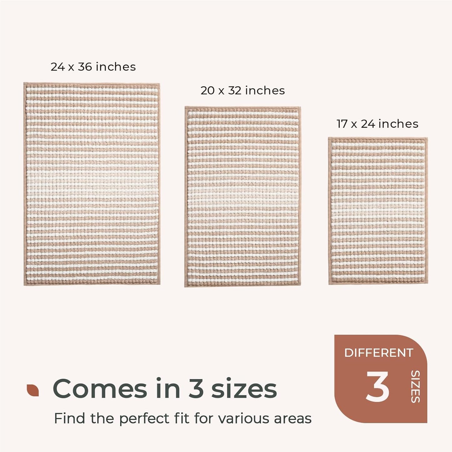 FRESHMINT Chunky Ombre Chenille Bathroom Rug 24"x36", Large Water Absorbent Soft Bath Rugs for Bathroom Floor, Thick Non Slip Cute Bath Mat Washable Quick Dry Shower Mats, Beige and White