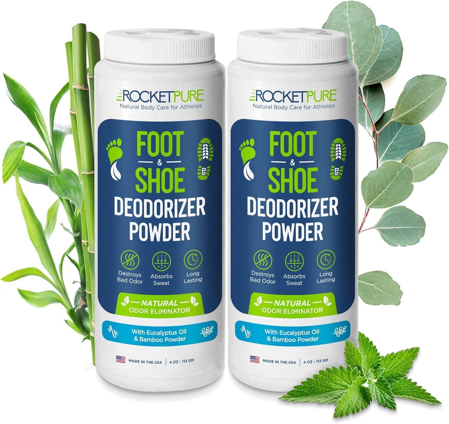 Rocket Pure Natural Foot & Shoe Deodorizer Powder - Eucalyptus Foot & Shoe Powder Odor Control - Removes, Controls & Prevents Odors - Made with Essential Oils - Made in USA (4oz, 2-Pack)