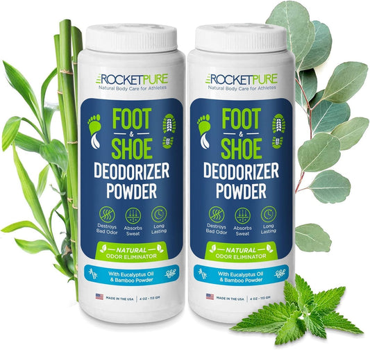 Rocket Pure Natural Foot & Shoe Deodorizer Powder - Eucalyptus Foot & Shoe Powder Odor Control - Removes, Controls & Prevents Odors - Made with Essential Oils - Made in USA (4oz, 2-Pack)