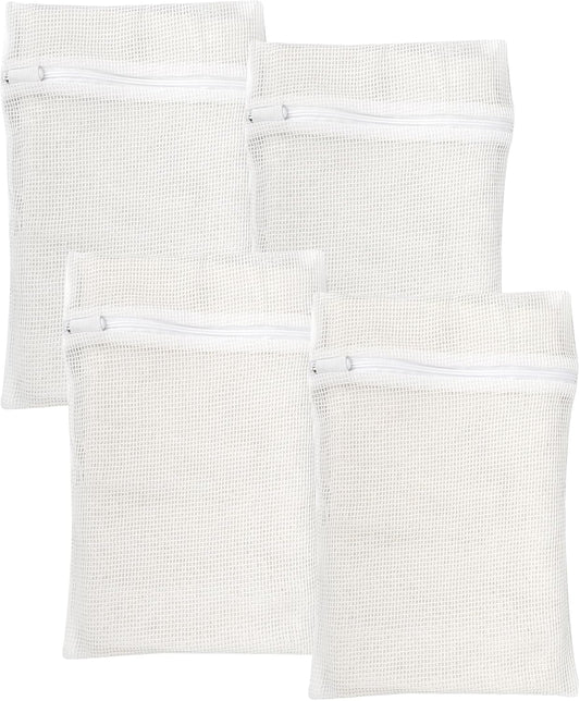 4 Piece White Small, Durable Organic Cotton Mesh Laundry Bag with Strong Zipper and Breathable Mesh, Delicate Laundry Bag for Underwear, Clothes, Pants and Socks
