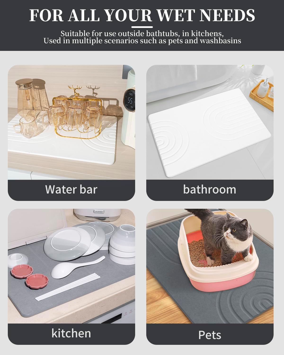 Stone Bath Mat 24"x16" - Diatomaceous Earth Shower Mat, Quick Dry, Anti-Slip, Modern Design with Bonus Non-Slip Pad - Perfect for Home Safety and Style,Gray,Straight