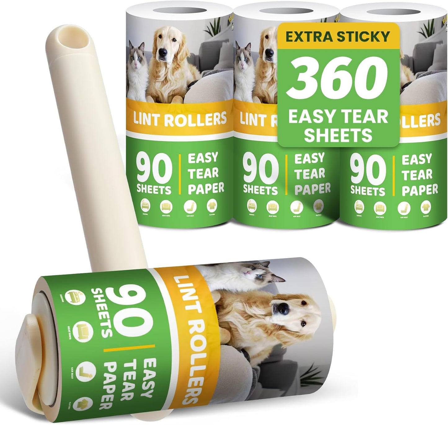 Lint Roller 2-in-1 Rotatable Handle Pet Hair Remover for Laundry Dog Hair, Cat Hair, Animal Fur, Fuzz Extra Sticky Roller for Couch, Clothes, Furniture and Carpet (4 Pack)