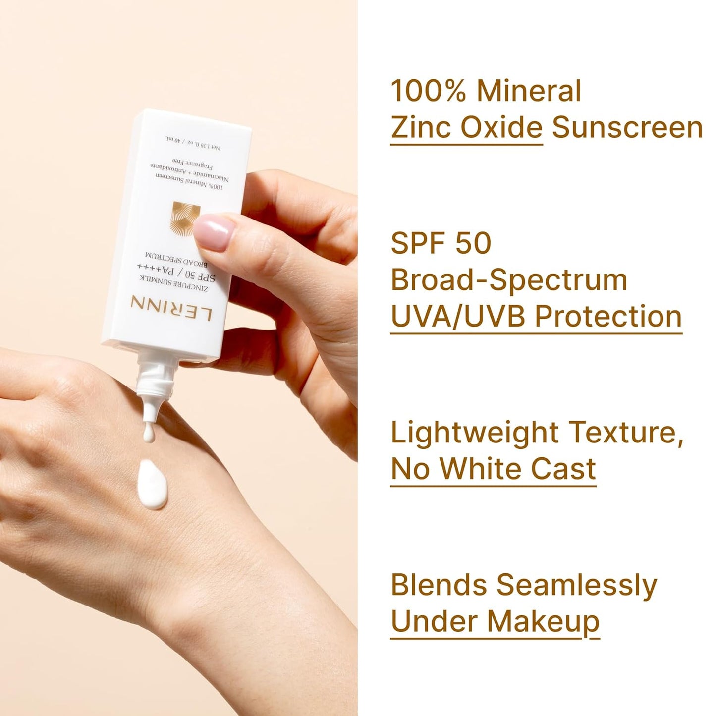 ZincPure Sunmilk SPF 50 PA++++, 100% Mineral Zinc Oxide Face Sunscreen, Broad Spectrum UVA/UVB, Lightweight, No White Cast, Fragrance-Free Daily Moisturizer for Sensitive Skin (40 ml)