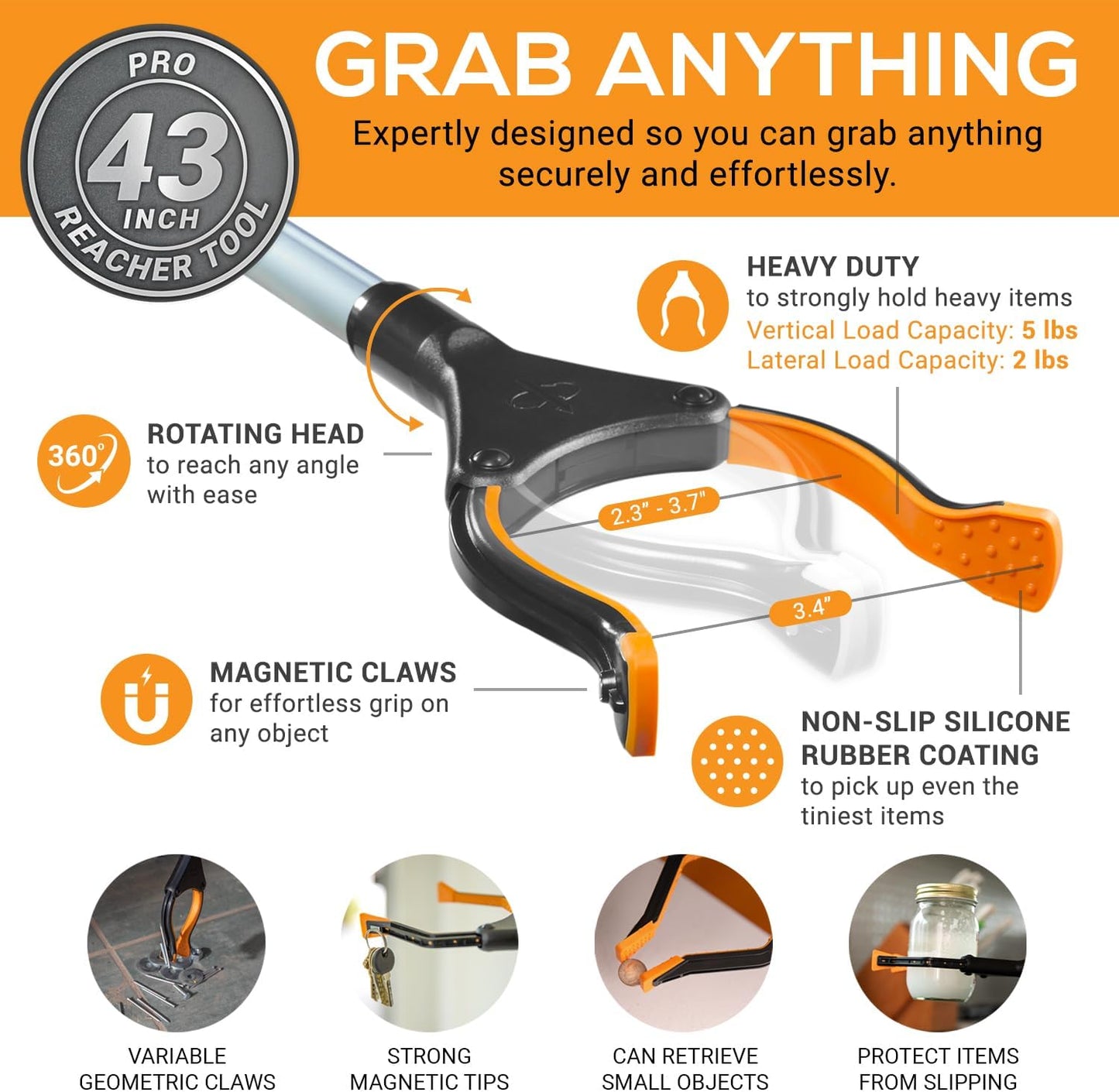 EZPIK Pro 43" Foldable Grabber Reacher Tool for Seniors - Grabbers for Elderly Reaching Tool Heavy Duty Pickup Trash Picker Upper Equipment - Claw Grabber Stick for Reaching Aids, Weed Gripper