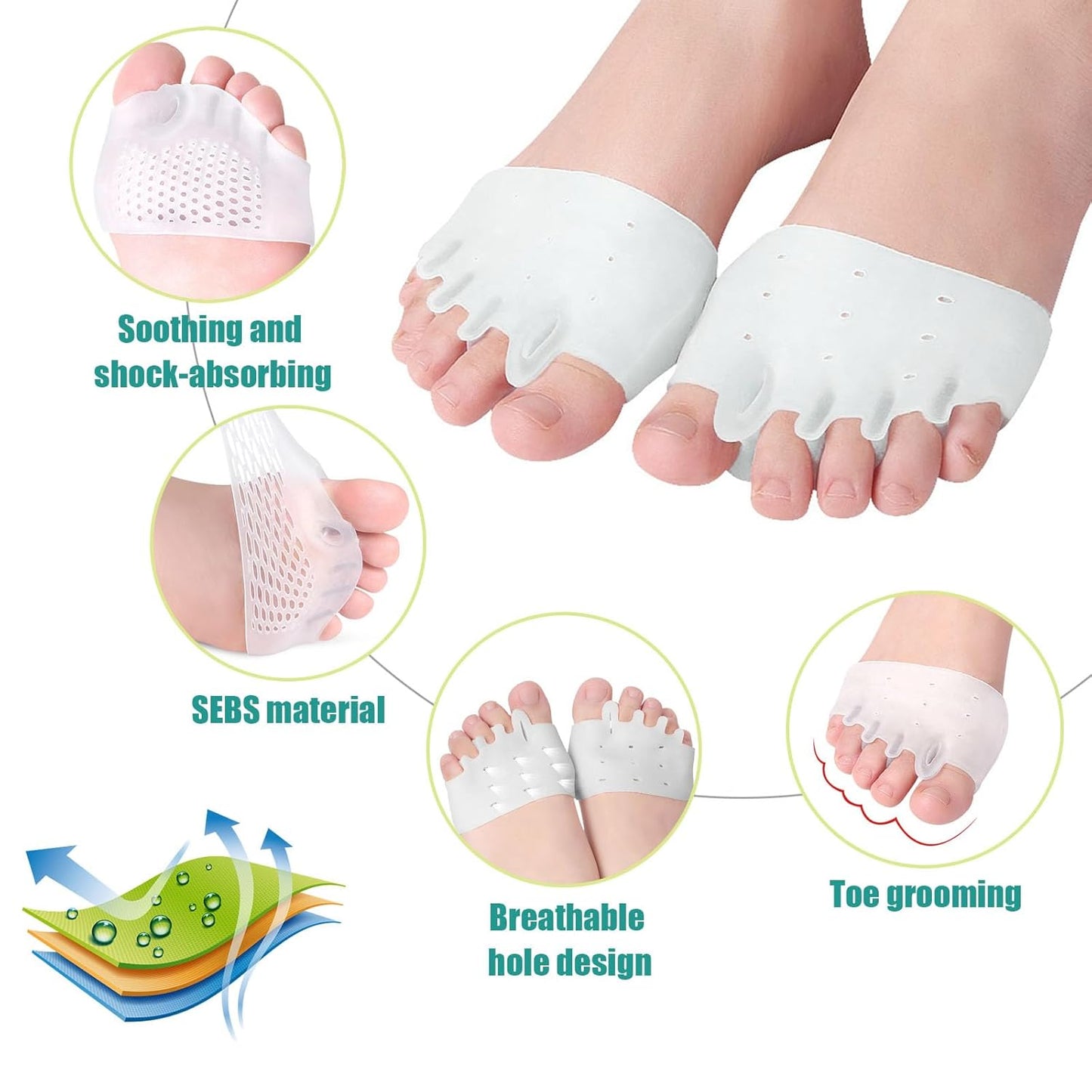 Silicone Toe Separators, 2 Pairs Toe Separators for Women & Men, Breathable Soft Gel Foot Cushions, Hallux Valgus Relief Realign Crooked Toes - Multiple Colors