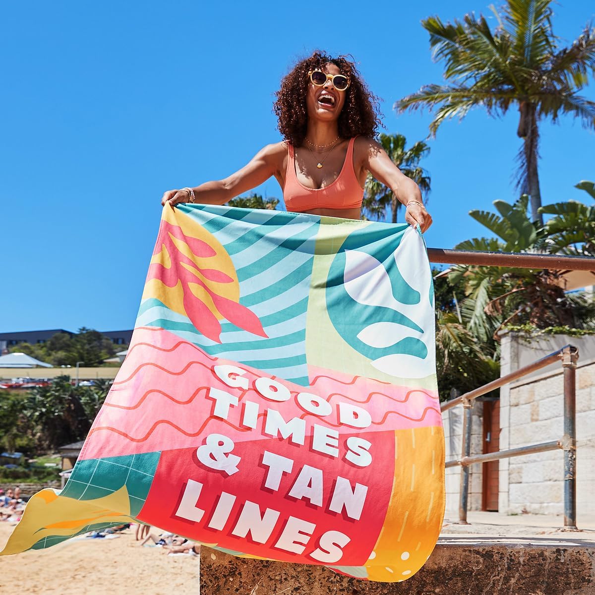Dock & Bay Beach Towel - Quick Dry, Sand Free - Compact, Lightweight - 100% Recycled - Includes Bag - Good Times & Tan Lines - Large (160x90cm, 63x35)