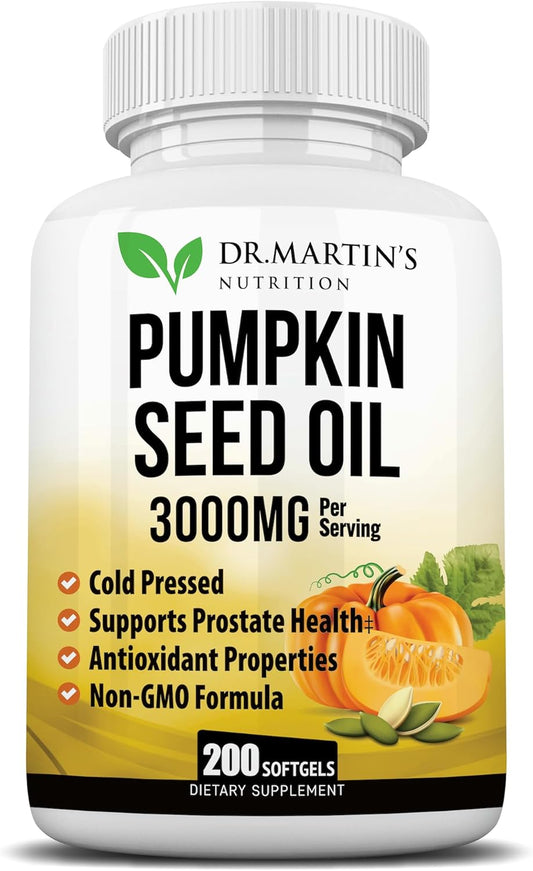3000mg Cold Pressed Pumpkin Seed Oil | DHT Blocker | Promotes Hair Growth | Supports Heart, Skin, Prostate & Urinary Health | Contains Vitamins, Minerals & Omega 3, 6 & 9 For Anti-Aging | 200 Softgels