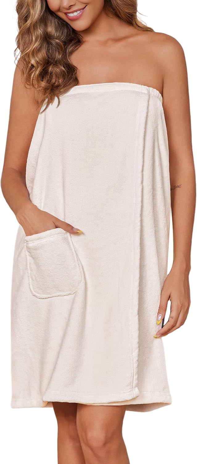 Ekouaer Women's Plush Towel Wrap Soft Lightweight Shower Wrap Absorbent Spa Body Wrap Bath Robe with Velcro S-L