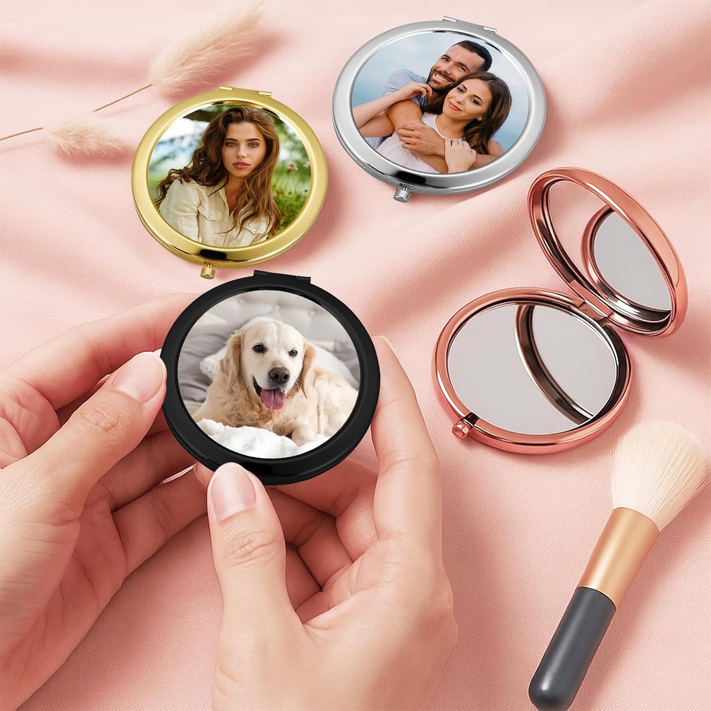 Personalized Compact Mirror with Picture Text, Custom Photo Small Purse Mirror, Double-Sided 1X/2X Magnifying Metal Pocket Makeup Mirrors for Women Mom Wife Sister BFF Wedding Birthday