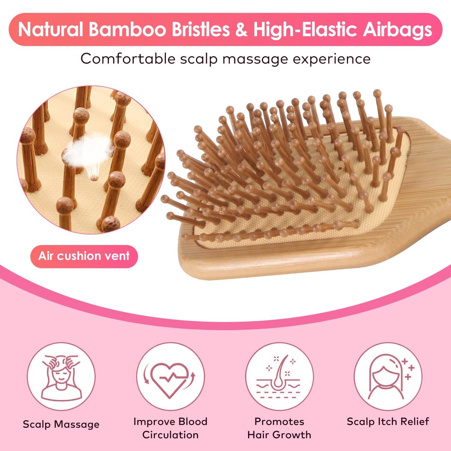 Sandalwood Hair Brush Comb, Bornbyme Wooden Bamboom Massage Scalp Comb for Hair Growth Anti-Static Detangler Brush for Women, Square