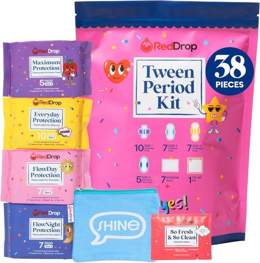 RedDrop 38 PC Tween and Teen Period Kit - First Period Kit for Girls 9-12 - Includes Everyday, FlowDay & FlowNight, Maxi, Wipes, & More