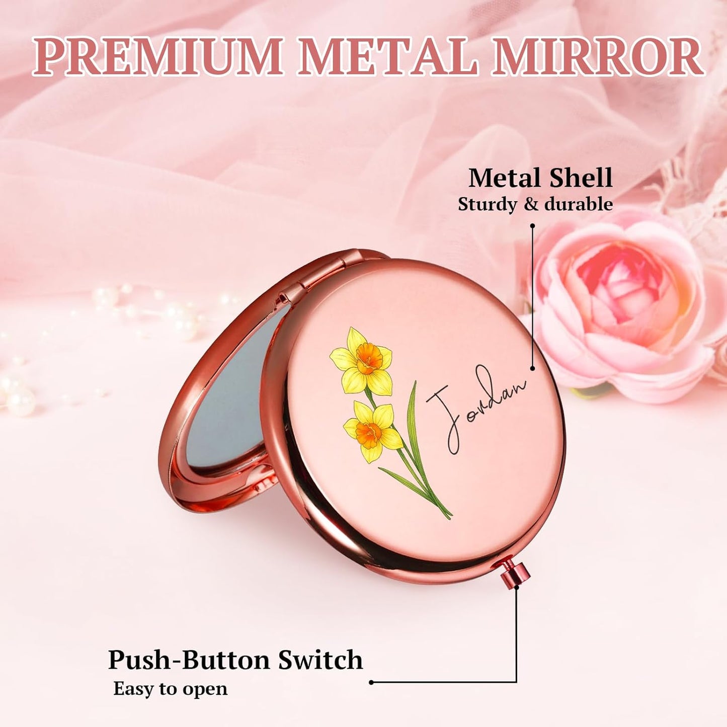Personalized Compact Mirror for Women, Custom Birth Flower and Name Pocket Mirror, 1X/2X Magnification Travel Makeup Mirror for Purse, Gift for Bridesmaid Wedding Birthday Christmas Mom Friend Sister