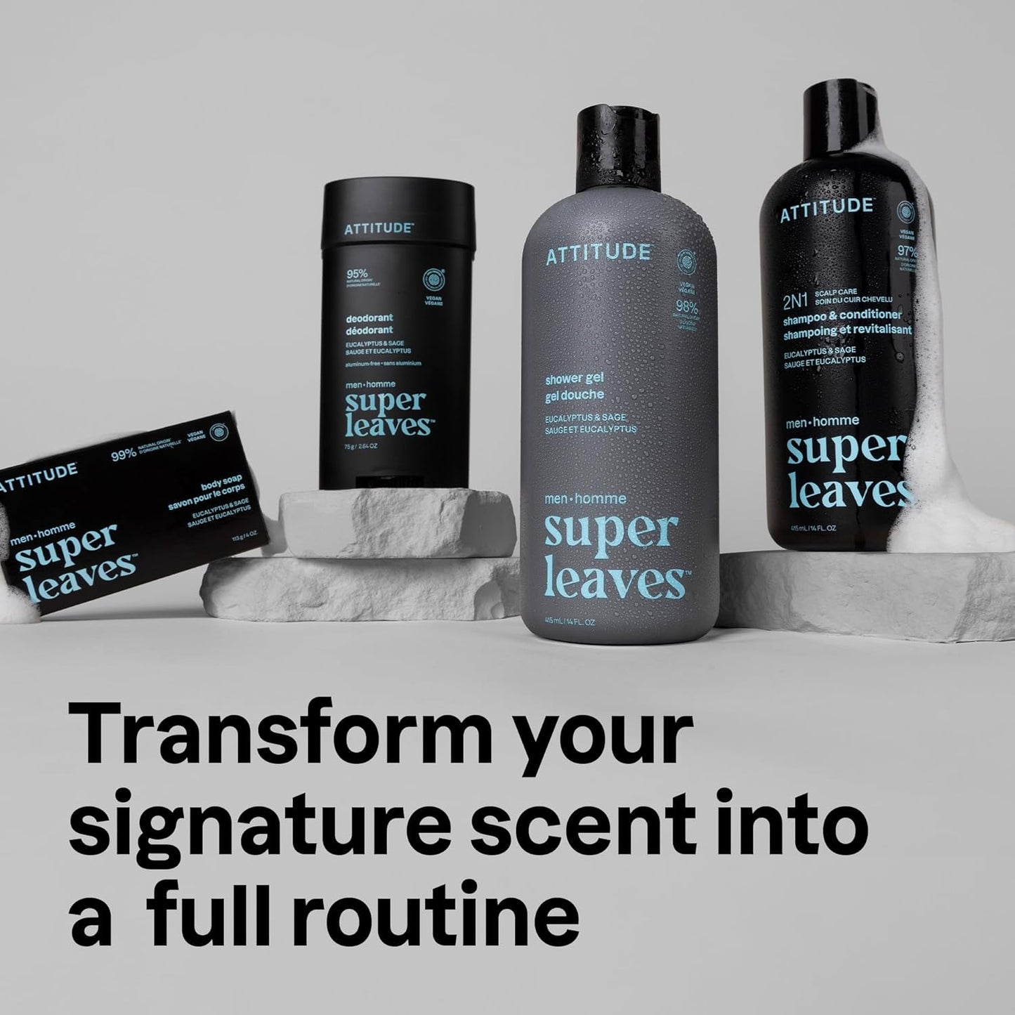 ATTITUDE Shower Gel Body Wash for Men, 98% Natural Origin Ingredients, Paraben & Phthalate Free, EWG Verified, Cleanses Without Drying, Eucalyptus & Sage,14 Fl Oz