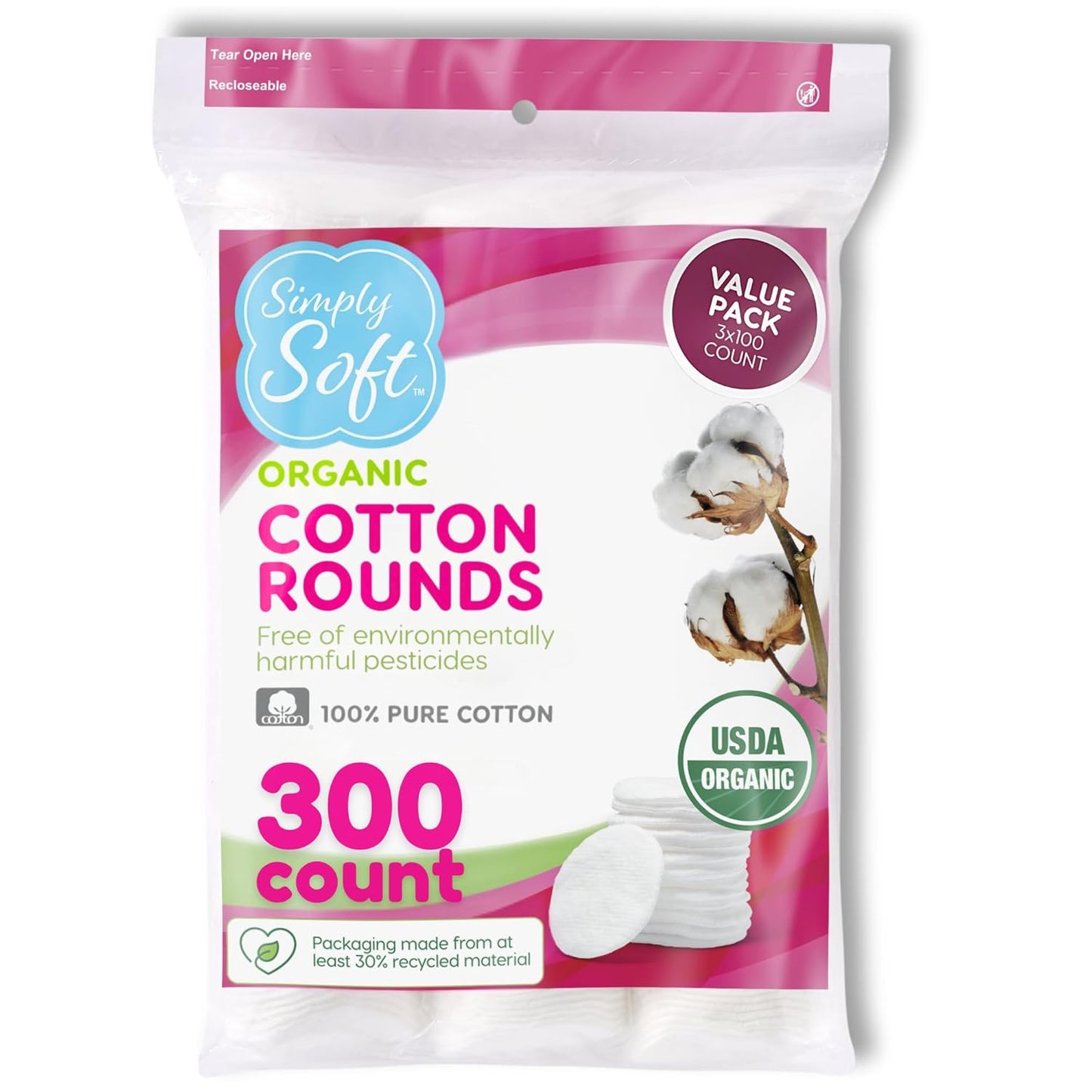 Simply Soft Premium Organic Cotton Rounds, 100 Count (Pack of 3), 100% Cotton Pads, Certified Organic, Hypoallergenic, Soft & Absorbent for Beauty, Cosmetics, Skin Care, Lint Free