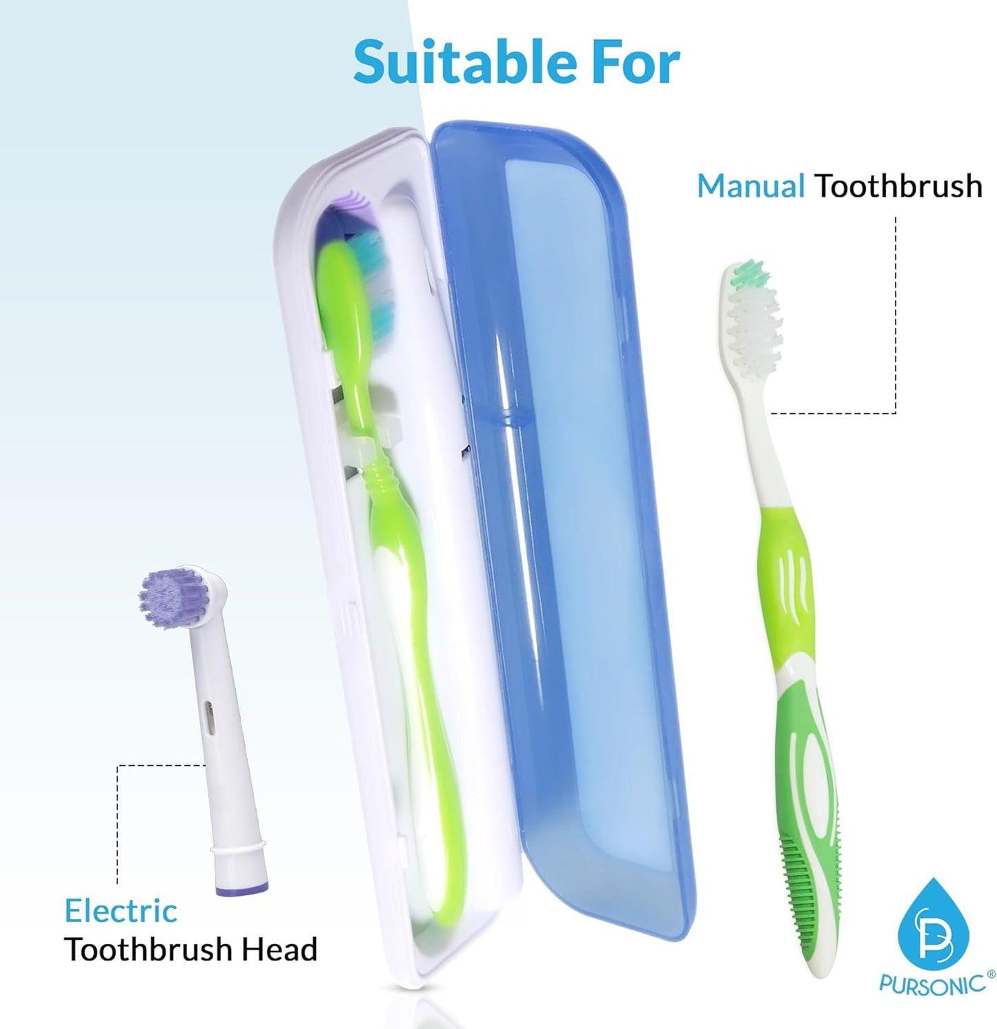 Pursonic Portable UV Toothbrush Sanitizer Case - Travel Toothbrush Sanitizer and Holder - For Electric and Manual Brush Heads with UV Light & Auto Shut Off Timer