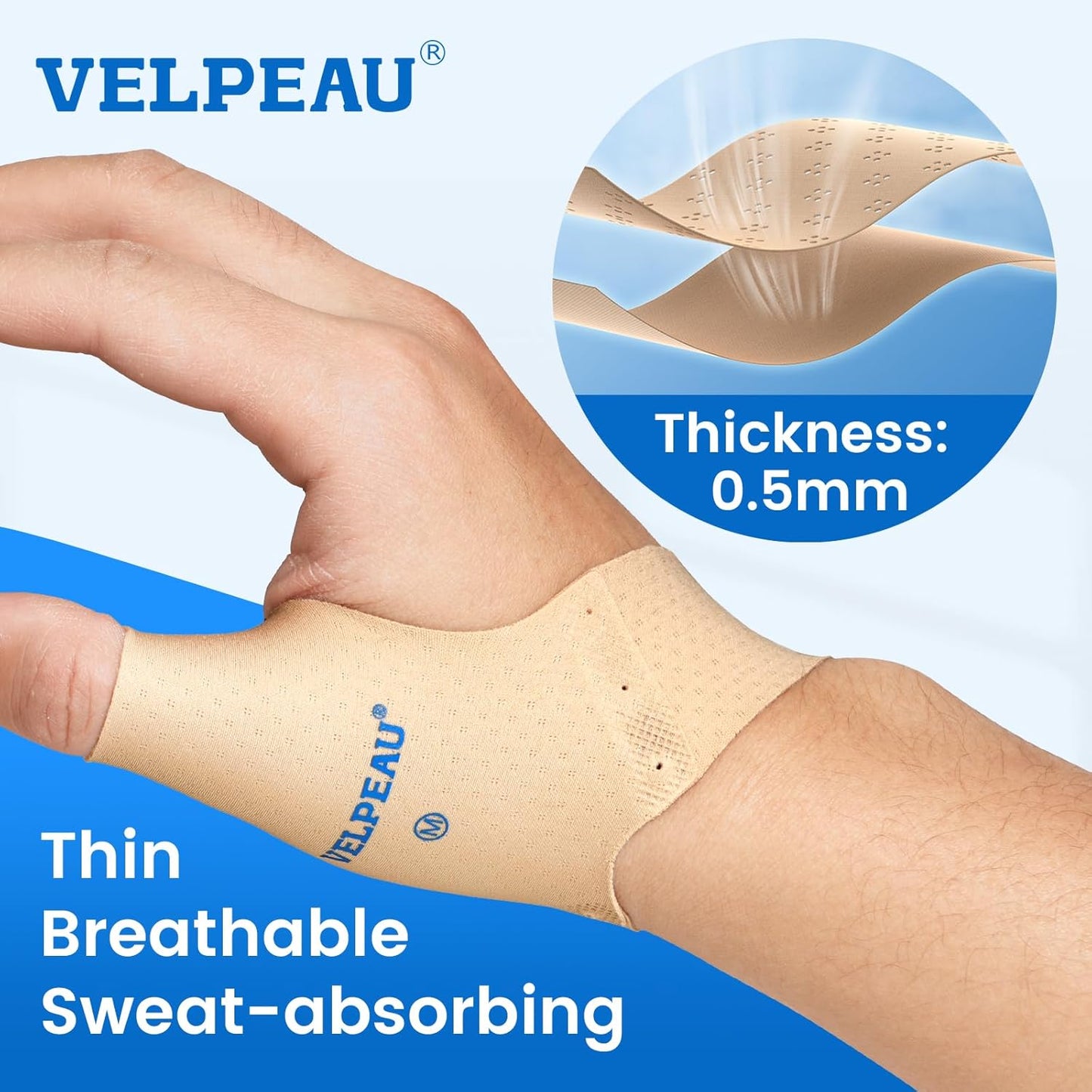 Velpeau Thumb Compression Sleeve for Tendonitis (Pack of 2), Seamless Technology, Gloves Wraps for Arthritis Pain Relief for Women & Men, Splint Liner, Fits Both Hands (Khaki, Short Version, L)