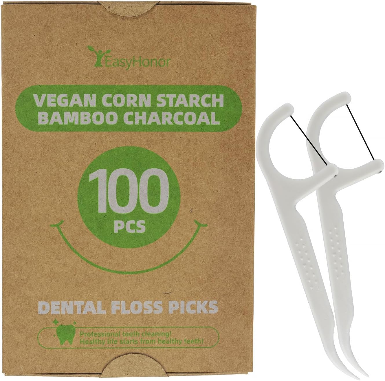 EasyHonor Organic Dental Floss Picks - Natural Biodegradable Floss Sticks with Strong Bamboo Charcoal Thread & Vegan Corn Starch Handle.(100PCS)