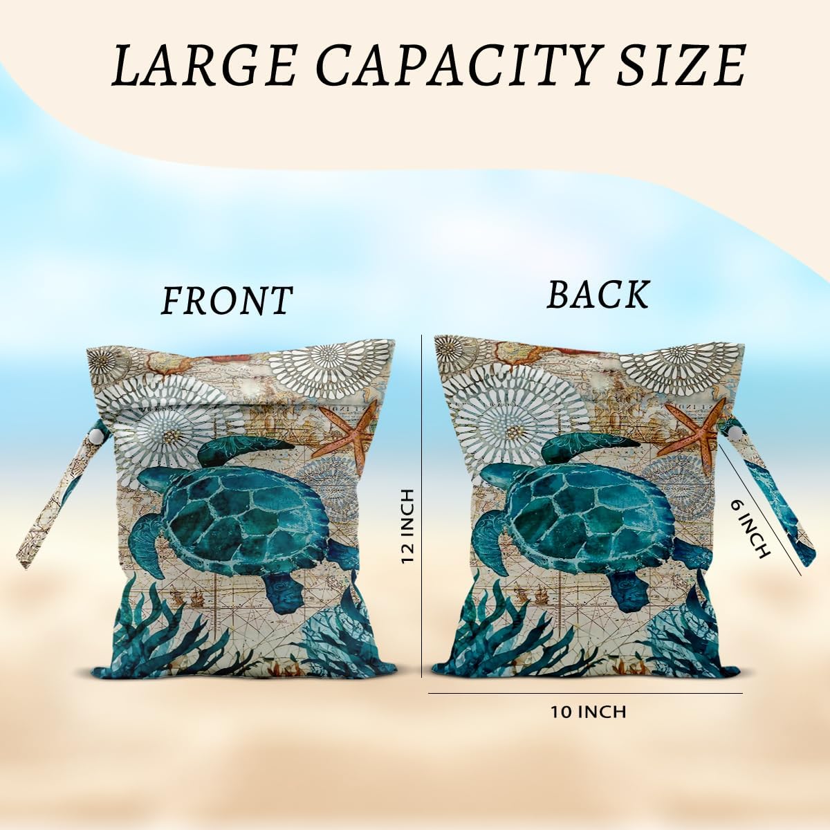 Turtle Wet Bags 12x10 Inch, Sea Weed Waterproof Travel Laundry Bags, Shell Washable Reusable Wet Dry Bag for Swimsuit Beach Diapers Dirty Yoga Gym Clothes, Sea Turtle Gifts for Women Friend Travelers