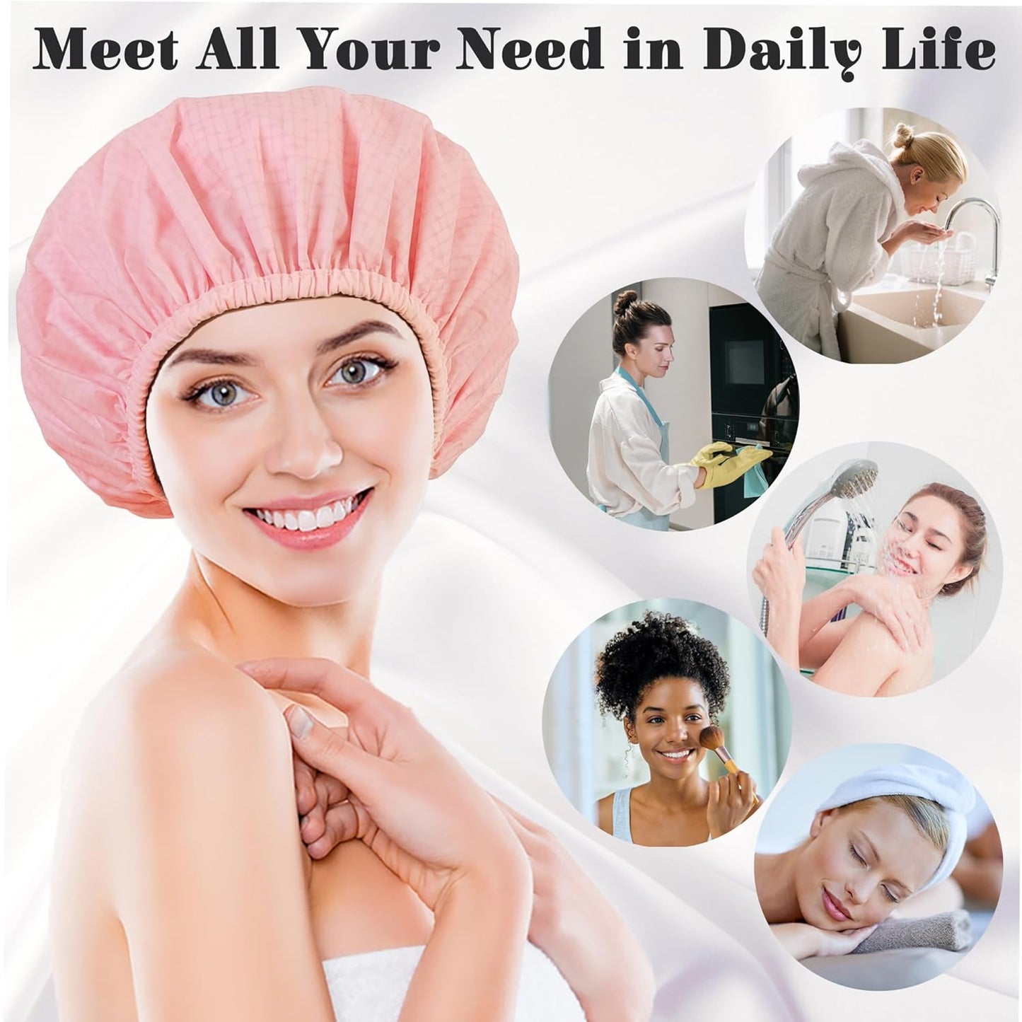 Shower Cap for Women, Shower Caps Reusable Waterproof, Large Plastic Satin Lined Shower Cap for Braids Long Hair