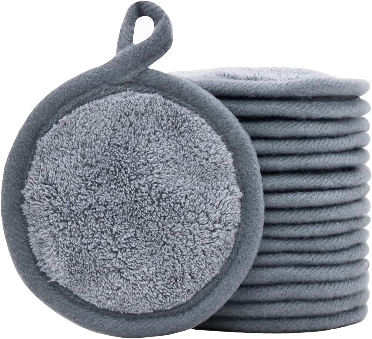 Reusable Makeup Remover Pads 16 Pack Microfiber Cleansing Facial Rounds Wipes Face, Eyes, Lips(3.5inch, grey)