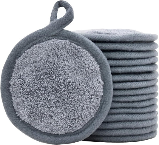 Reusable Makeup Remover Pads 16 Pack Microfiber Cleansing Facial Rounds Wipes Face, Eyes, Lips(3.5inch, grey)