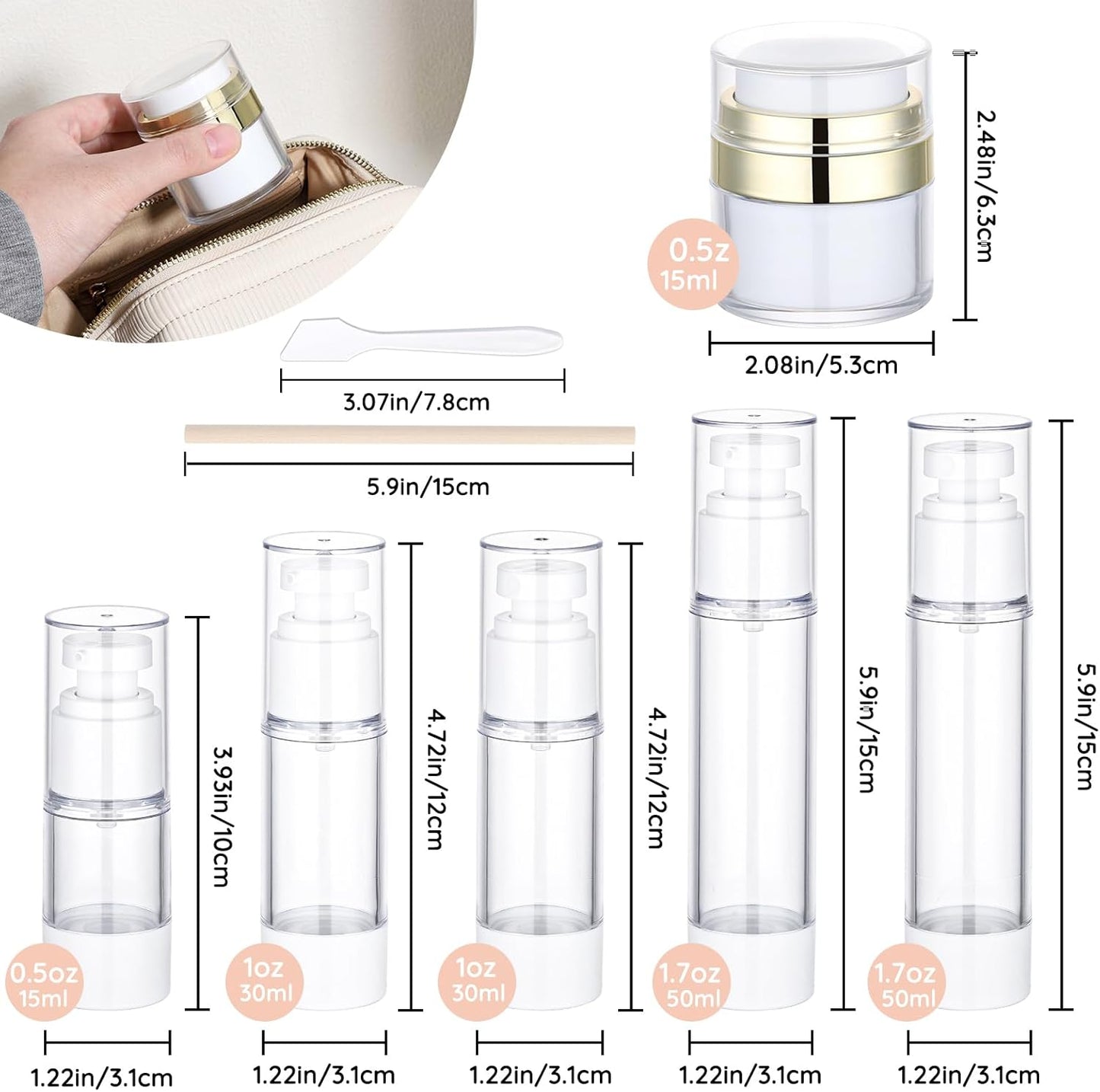 Segbeauty 12pcs Empty Airless Pump Bottles Travel Set, Golden Airless Pump Jar for Face Cream Moisturizer, Refillable Vacuum Lotion Dispenser, Vacuum Fine Mist Atomizer Hair Sprayer 0.5oz 1oz 1.7oz