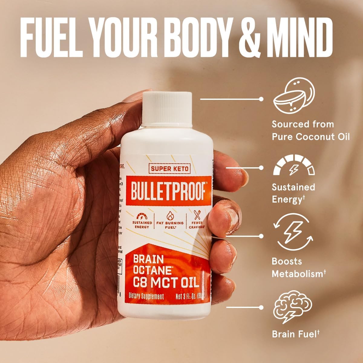 Bulletproof Brain Octane C8 MCT Oil Travel Size, 3 Ounces, Keto Supplement for Sustained Energy and Fewer Cravings
