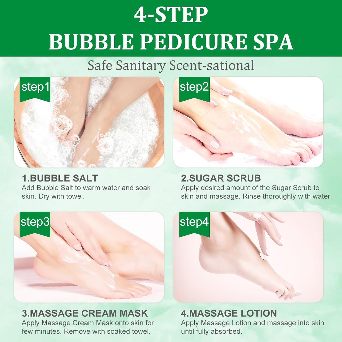 Pedicure Kit Foot Soak Set: Bubble Salt, Sugar Scrub, Massage Mask, Massage Lotion in a Box, 4 Step Foot Spa Kit for Dry Feet,Tired Feet(3 Set Green tea)