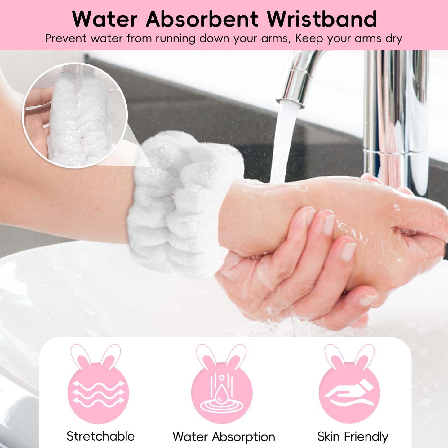 Face Wash Headband, Skincare Wrist Bands For Washing Face Set Spa Hair Bands come with a Hair Scrunchie, Cute White Rabbit Ears Elastic Headband, For Face Washing Makeup Skincare (White)