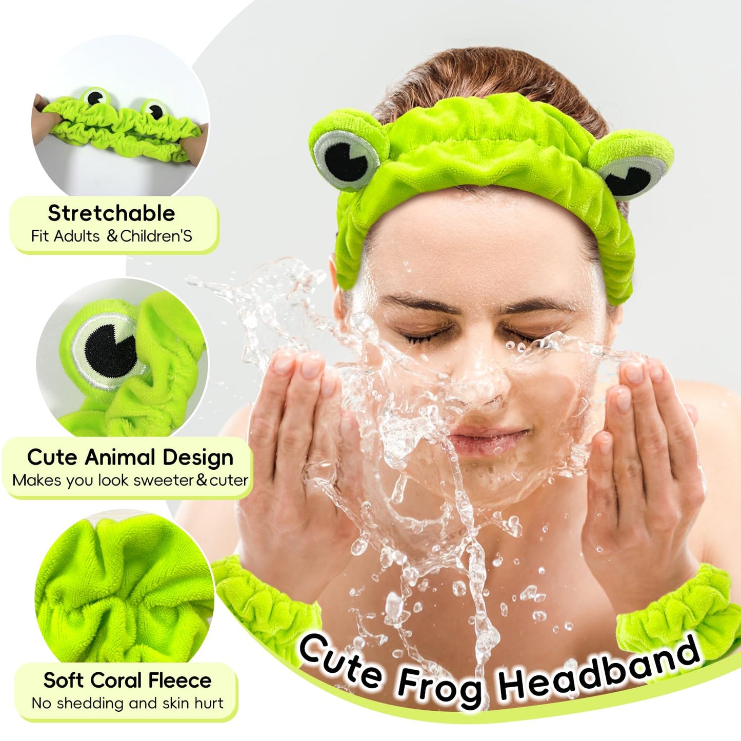 Face Wash Headband, Skincare Headband Wrist Bands For Washing Face Set Spa Hair Bands come with a Hair Scrunchie Cute Green Frog Elastic for Makeup Girls Women