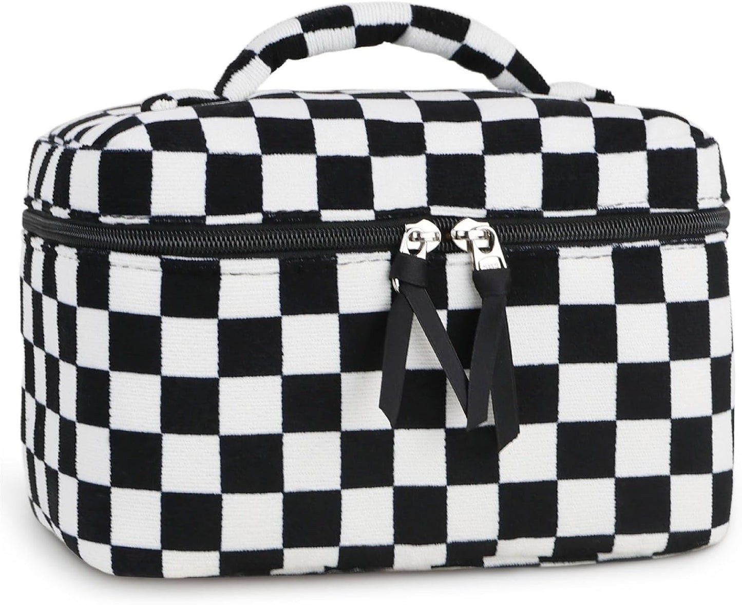 Prite Corduroy Large Travel Quilted Makeup Bag for Women Floral Cotton Cosmetic Bag Coquette Aesthetic Floral Toiletry Organizer Bag(Dark Checkerboard)