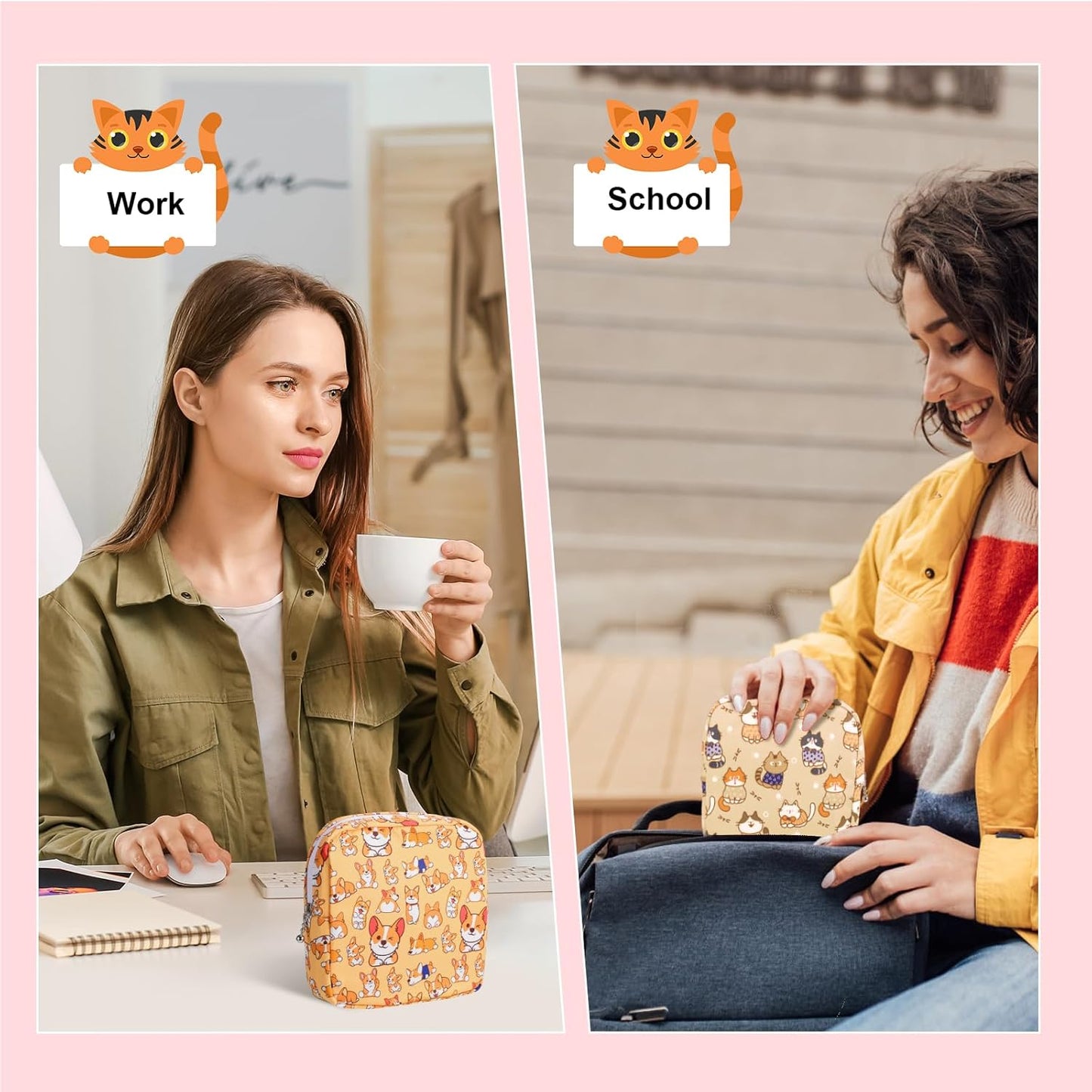 Period Bag Pouch, Canvas Sanitary Napkin Storage Bag for Girls Womens, Portable Sanitary Napkin Period Pad Pouch for Purse, Small Make Up Bags(Khaki Cat)