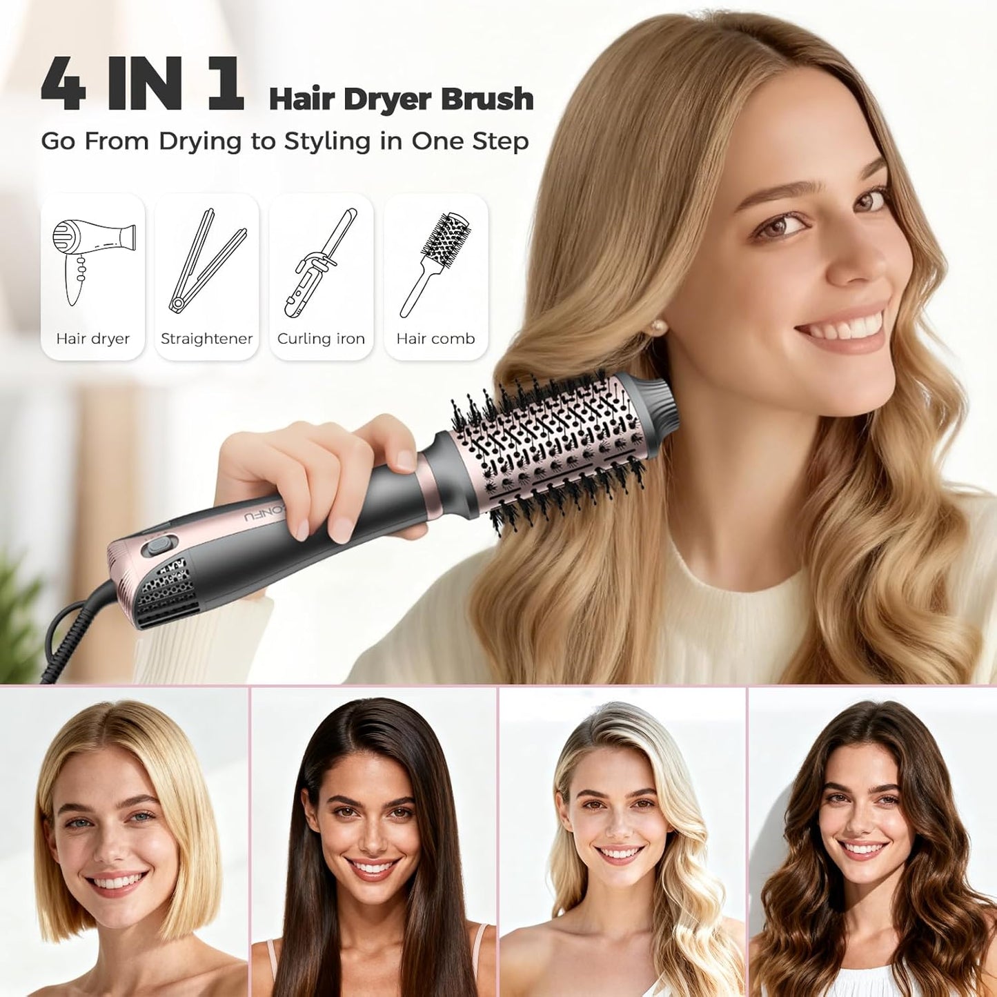 CONFU Blow Dryer Brush, 4-in-1 Styling Tools Hair Dryer and Styler Volumizer with Negative Ion Anti-frizz Blowout, Hot Air Brush for Drying, Straightening, Curling