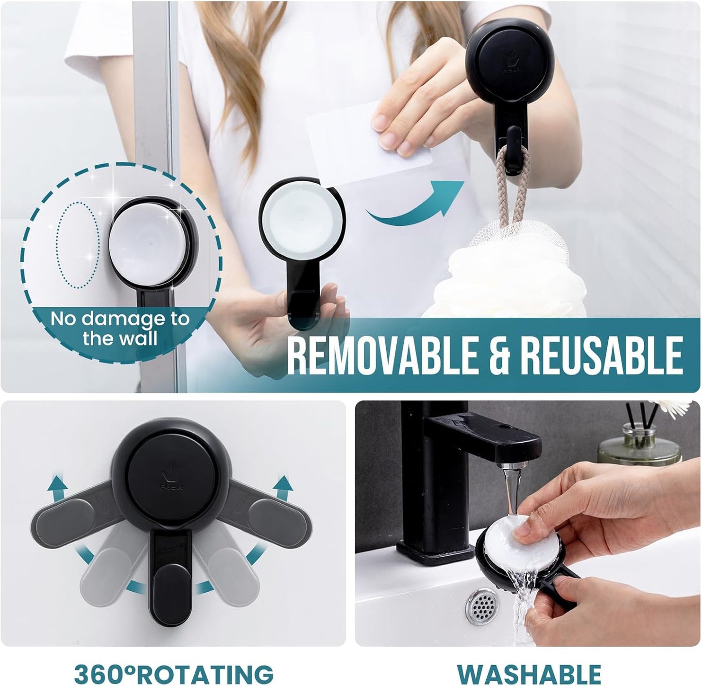 TAILI 4 Pack 360° Rotatable Powerful Suction Cup Shower Hooks for Towel, Loofah, Damage-free Hanging Versatile Wall Hooks for Inside Bathroom, Decoration, Removable Suction Holders, Easy to Use, Black
