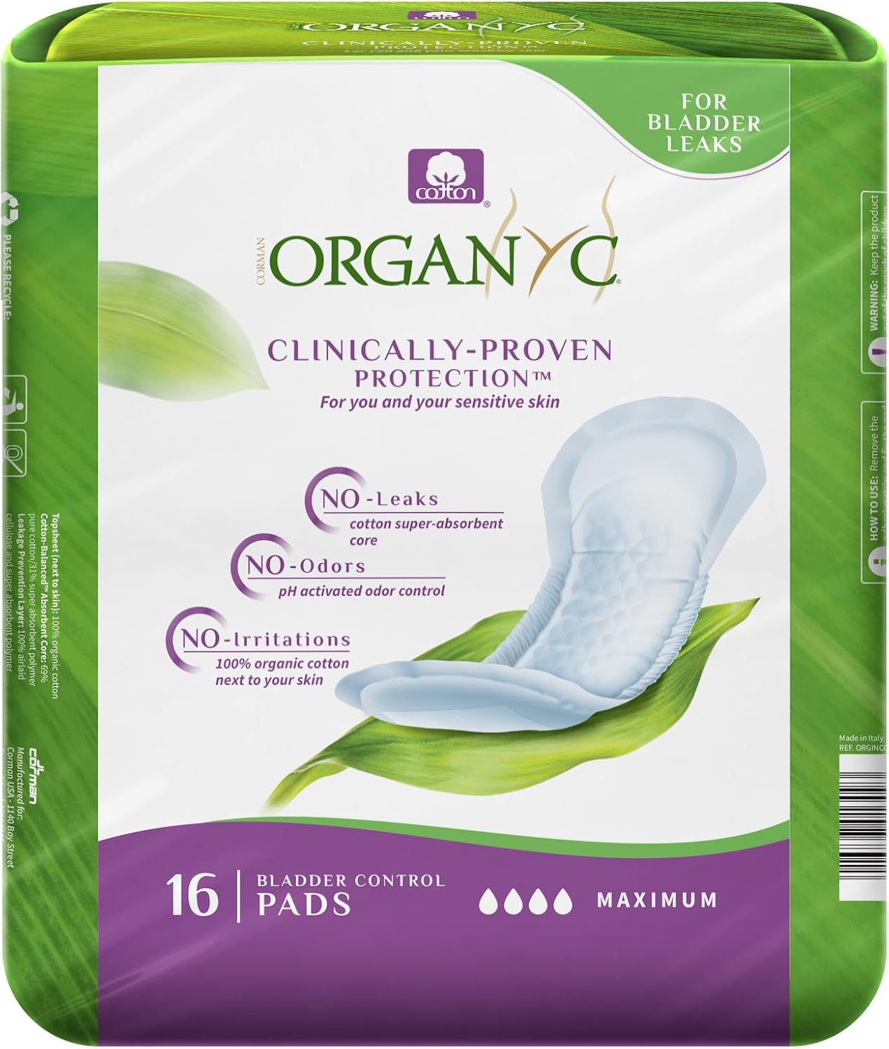 Organyc Certified Organic Cotton Pads for Incontinence, Certified Odor Control, Free from Perfumes, Dyes, Plastics, and Chemicals, Maximum, 64 Count