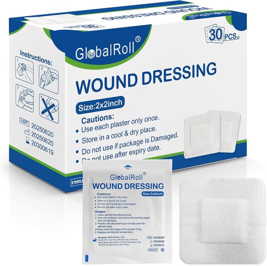 Island Dressing Bordered Gauze 2"x2", 30 Individually Packed Non-Stick Pad in Center with Adhesive Border,Soft Absorbent Medical Grade Dressing Gauze Pad for Wound Care and First Aid