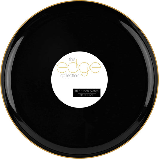 PLASTICPRO [30 Count 8.6 Plastic Party Plates Edge Collection Black with Gold Rim Premium heavyweight Elegant Disposable Tableware Dishes (Black With Gold Rim,